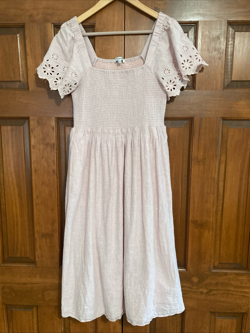Madewell Pale Pink Smocked Eyelet Sleeve Dress women’s medium linen blend